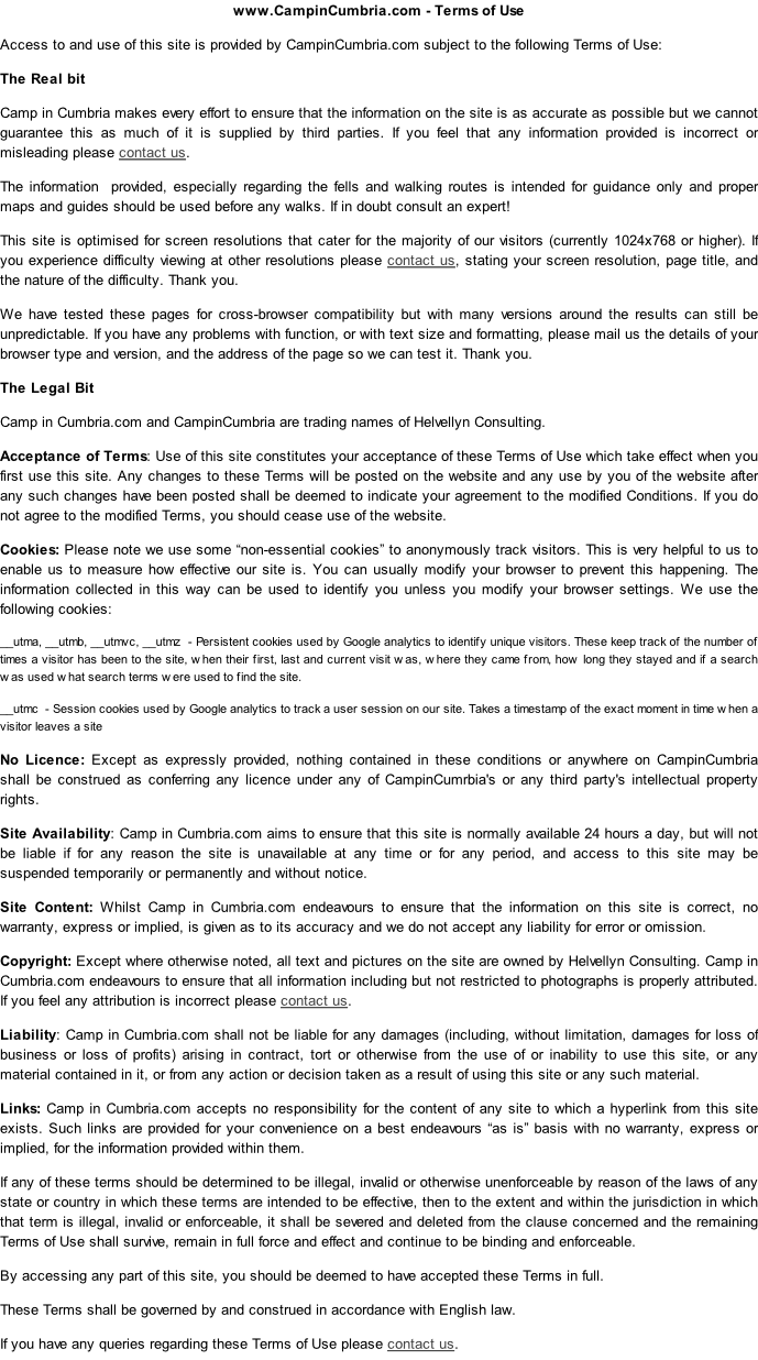 Terms of Use for Camp in Cumbria website